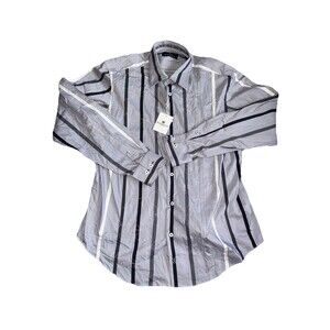 Bugatchi Men's Oxford Long Sleeve Striped Shirt Single Stitch L Gray White NWT